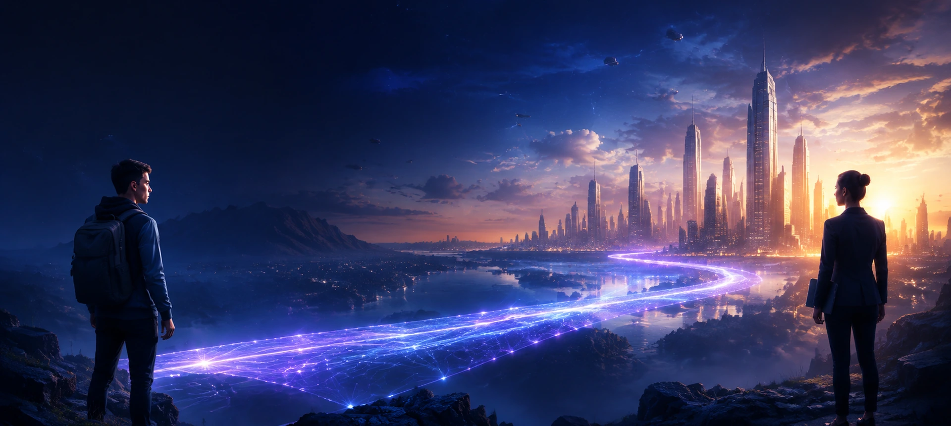 Two people looking toward a connected path and future city